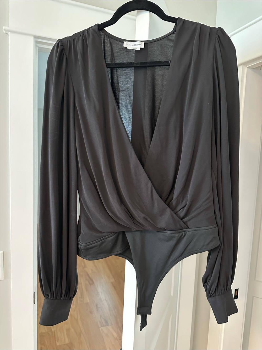 Lovers + Friends Black Long-Sleeve Draped Surplice Bodysuit